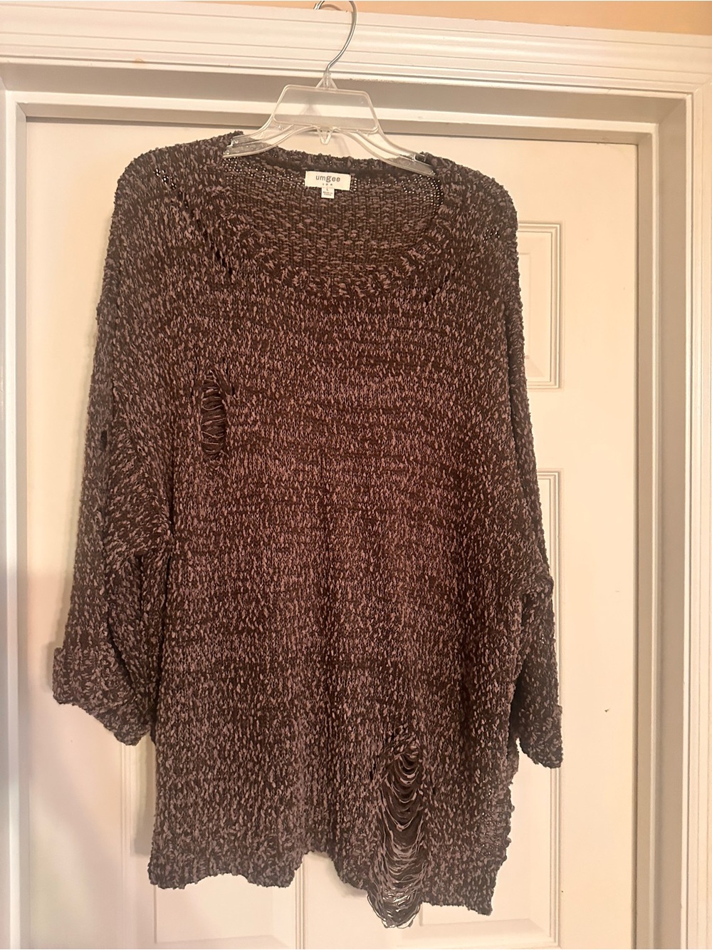 Umgee Brown Marled Distressed Scoop Neck Sweater